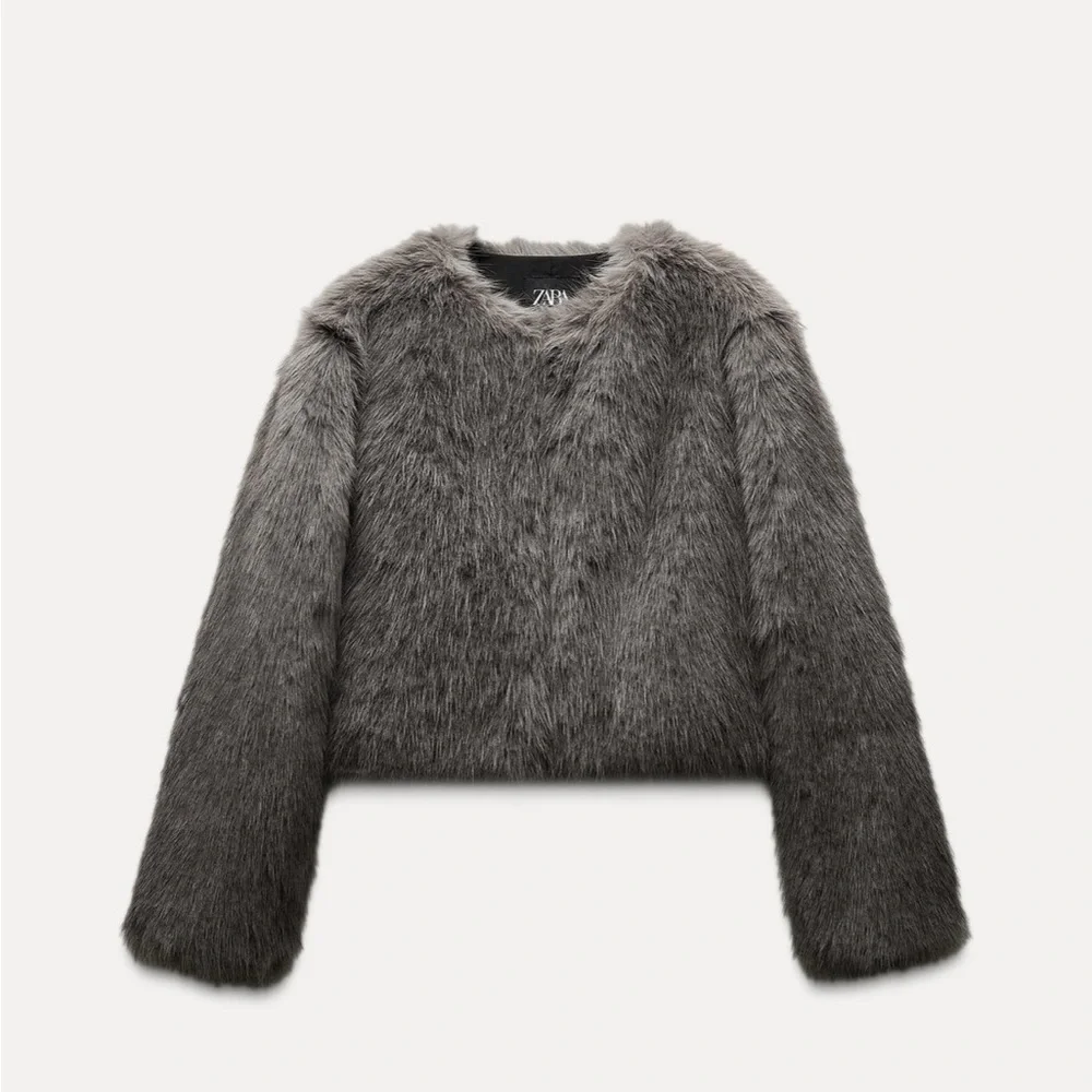 NEW - Zara Gray Short Fur Coat Size Small - Picture 4 of 8